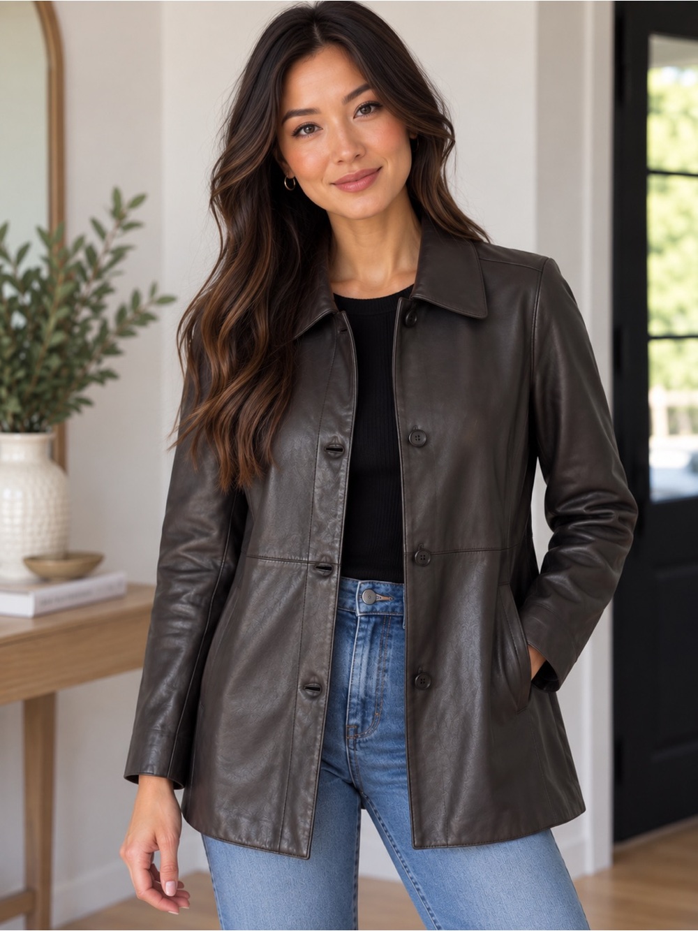 Andrew Marc Women’s Genuine Leather Button-Front Jacket Black M